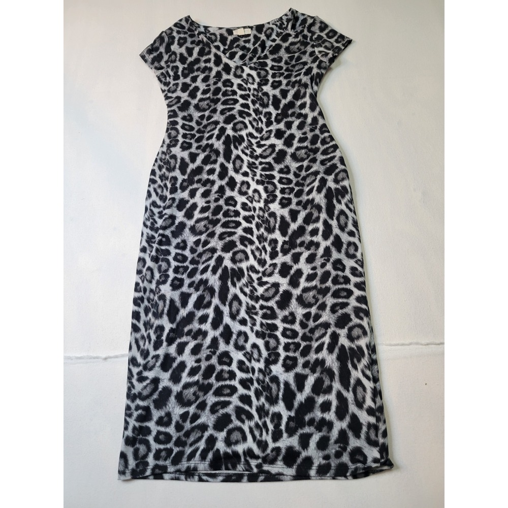 Grey Black Leopard Print Short Sleeve V-Neck Midi Sheath Dress Animal Print